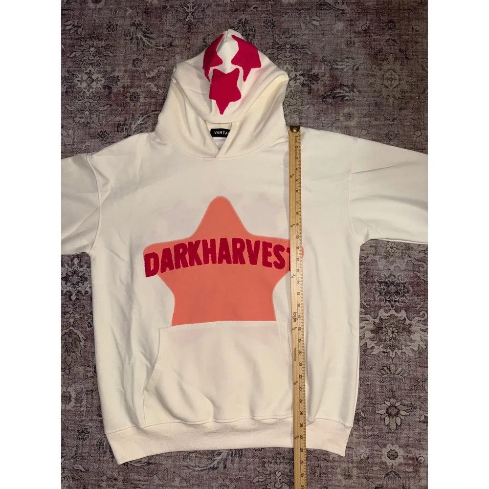 VAMTAC Dark Harvest Star Embroidered Oversized Hoodie Pullover Cream Pink Medium